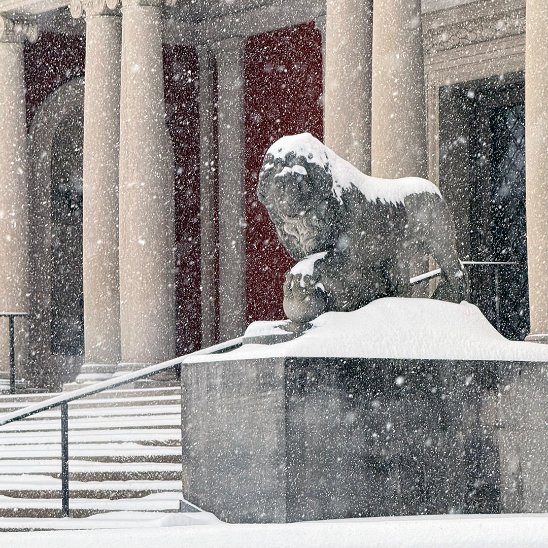 A snowy exterior of an art museum building