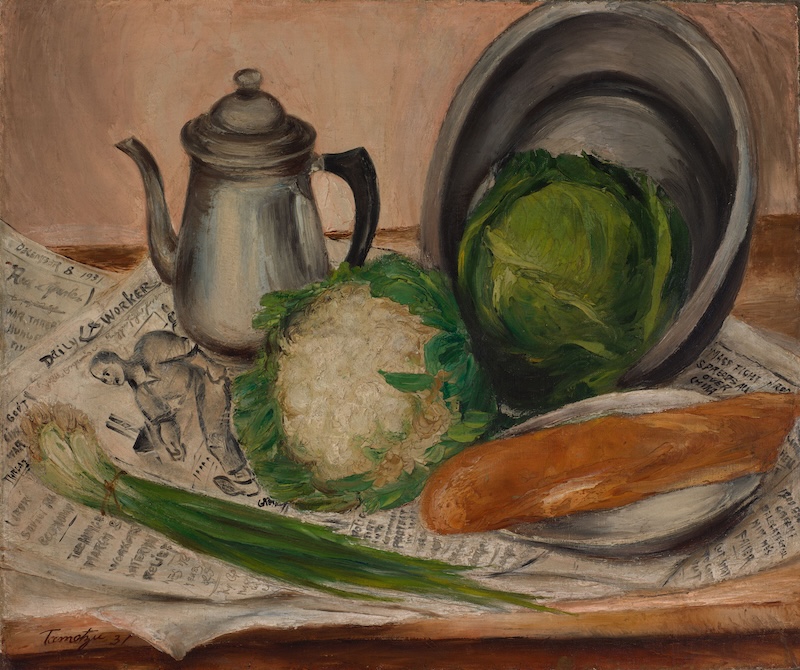 A still life painting of food and dish ware set upon a newspaper