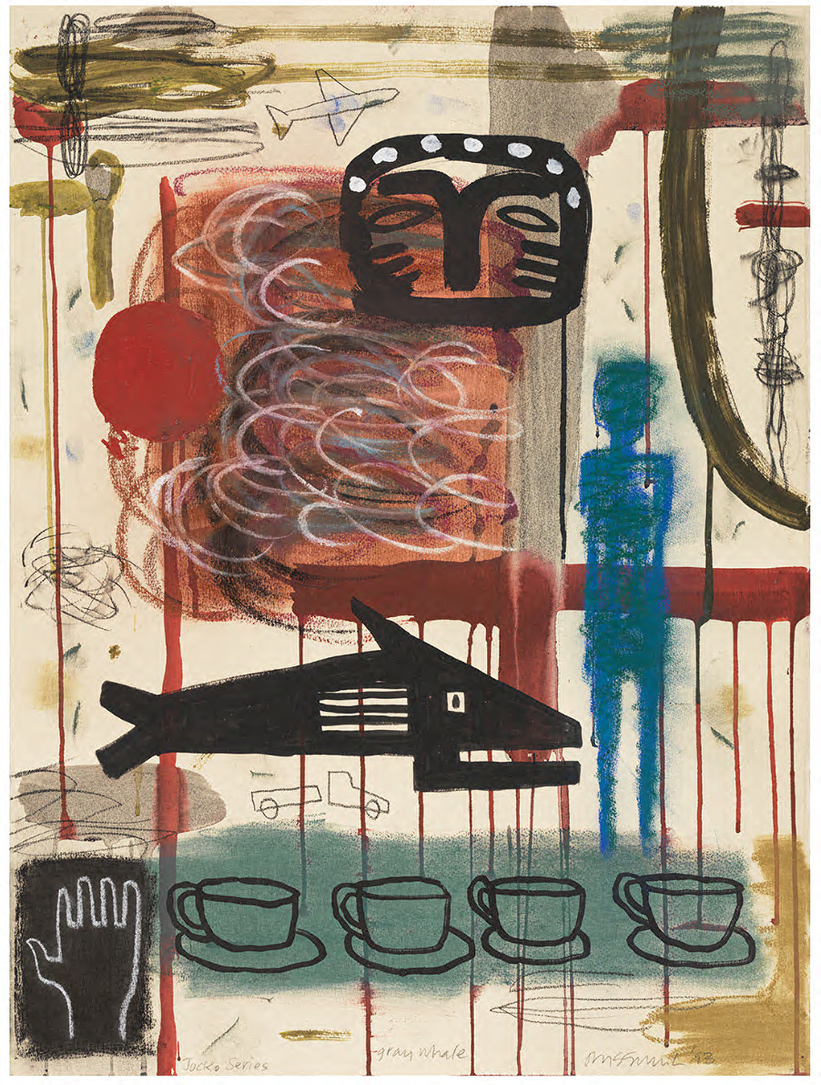 a multicolor artwork displaying objects such as a hand, fish, several cups, and a human figure