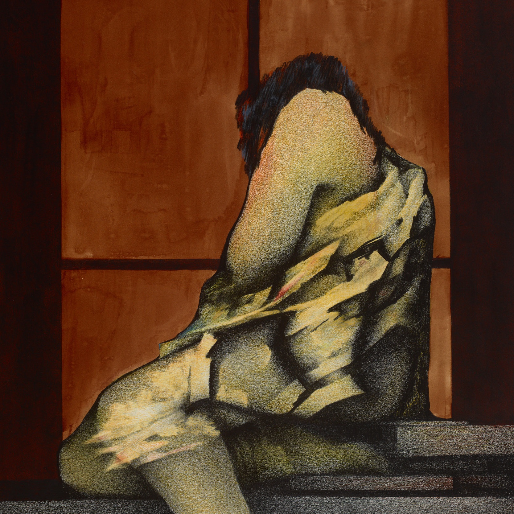 An abstracted drawing shows the back of a woman sitting on a window sill