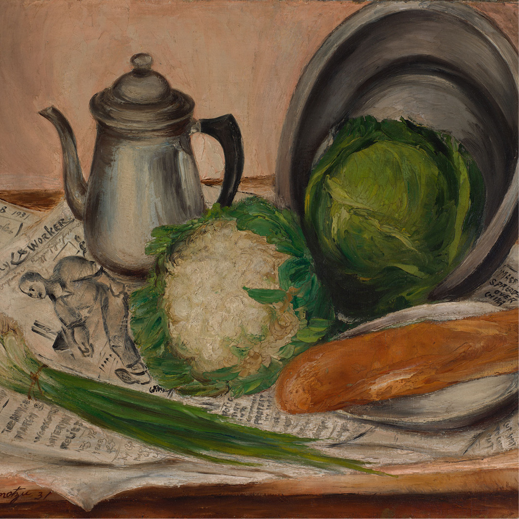 A still life painting of food and dish ware set upon a newspaper