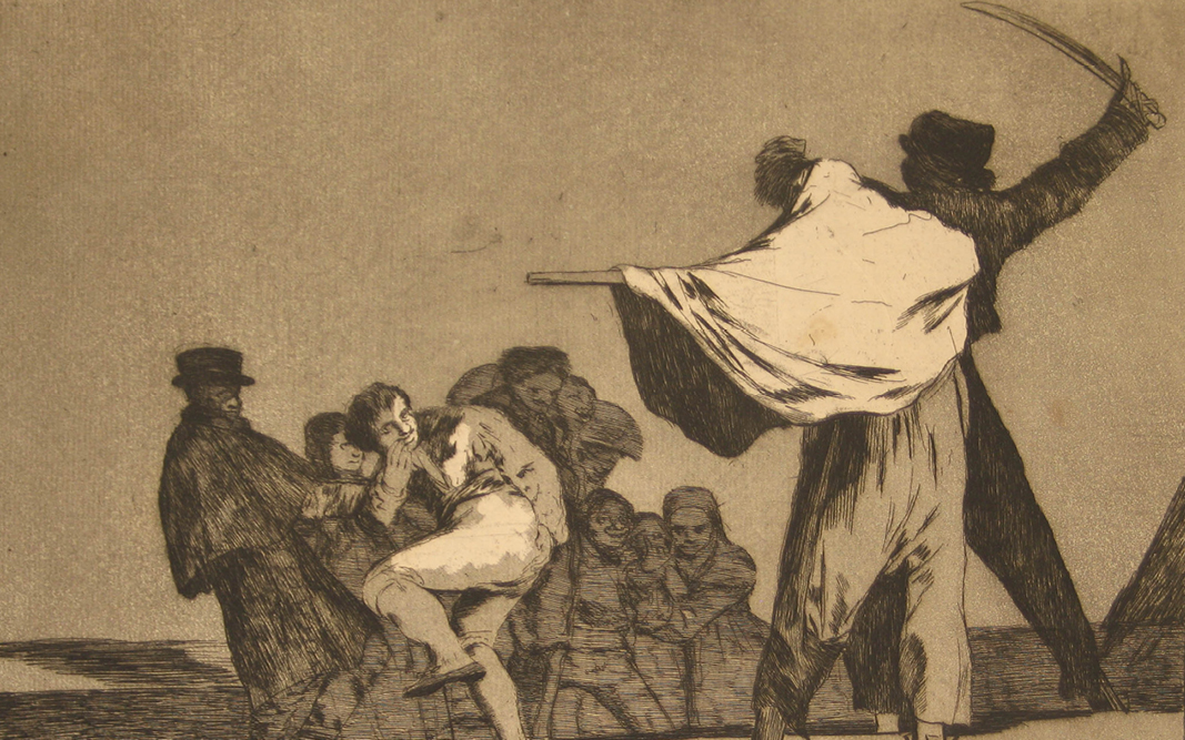 A detail of a print shows a group of people cowering before two looming figures 