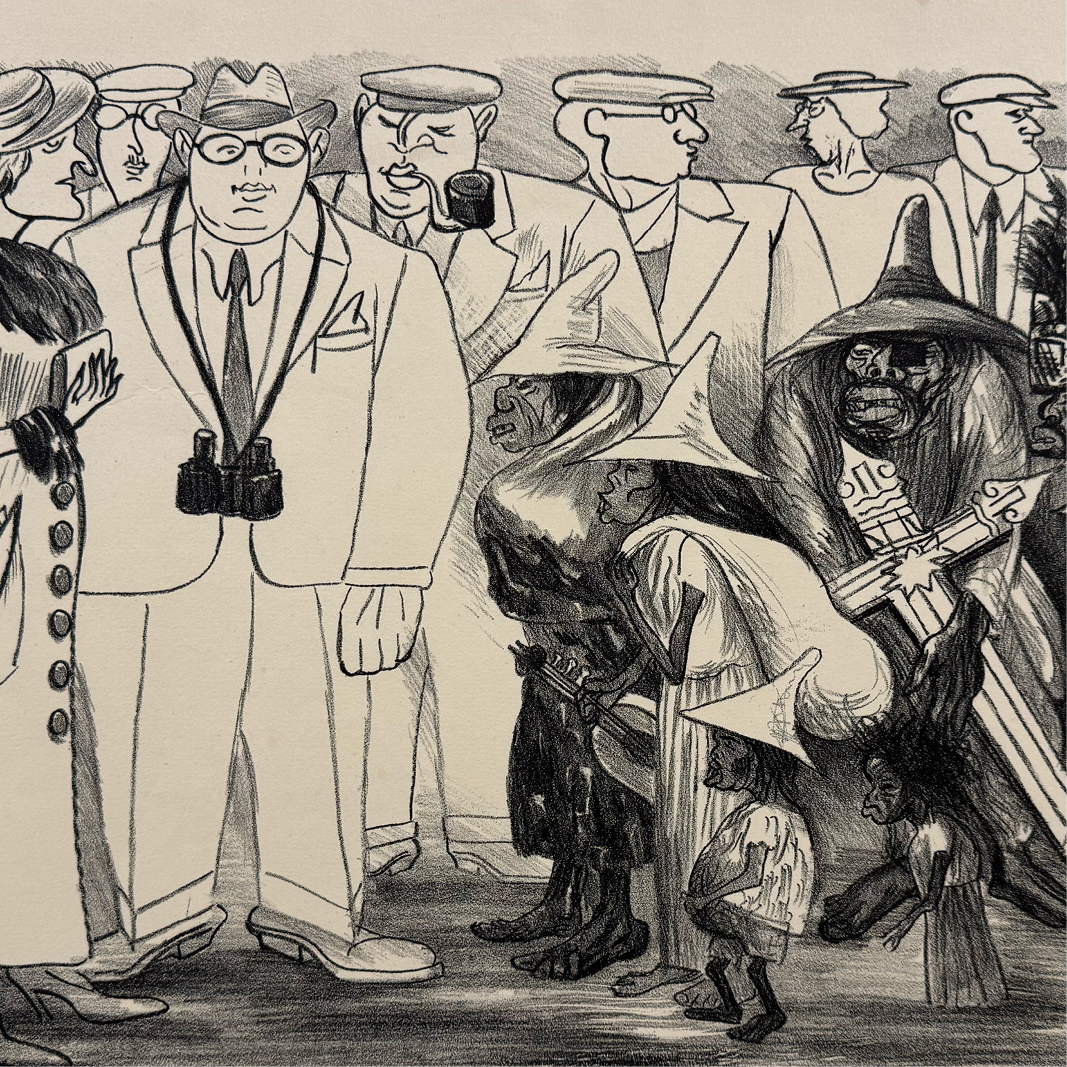 A black and white print shows a line of stylized people standing