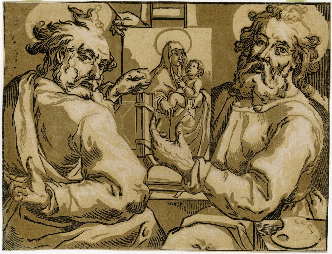 A 17th century woodcut depicts the images of two bearded saints flanking a drawing of the Virgin and Child