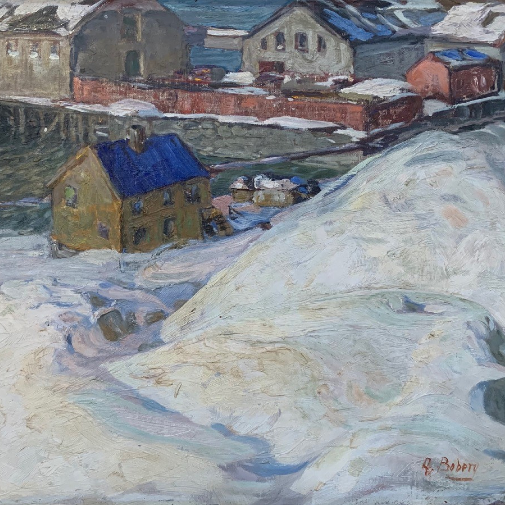 A painting of a town in a snowy landscape
