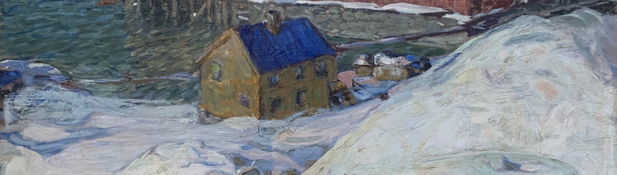 A painting of a town in a snowy landscape