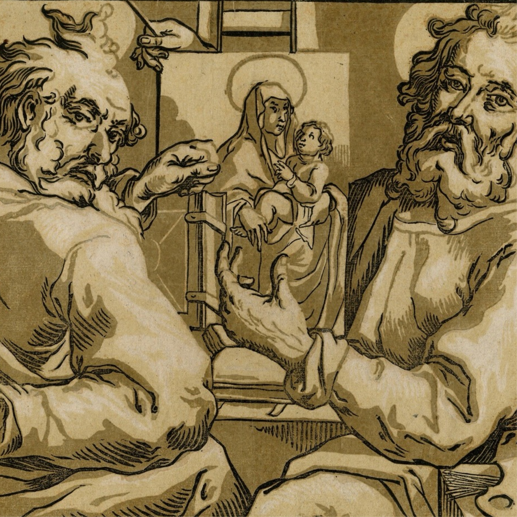 A 17th century woodcut depicts the images of two bearded saints flanking a drawing of the Virgin and Child