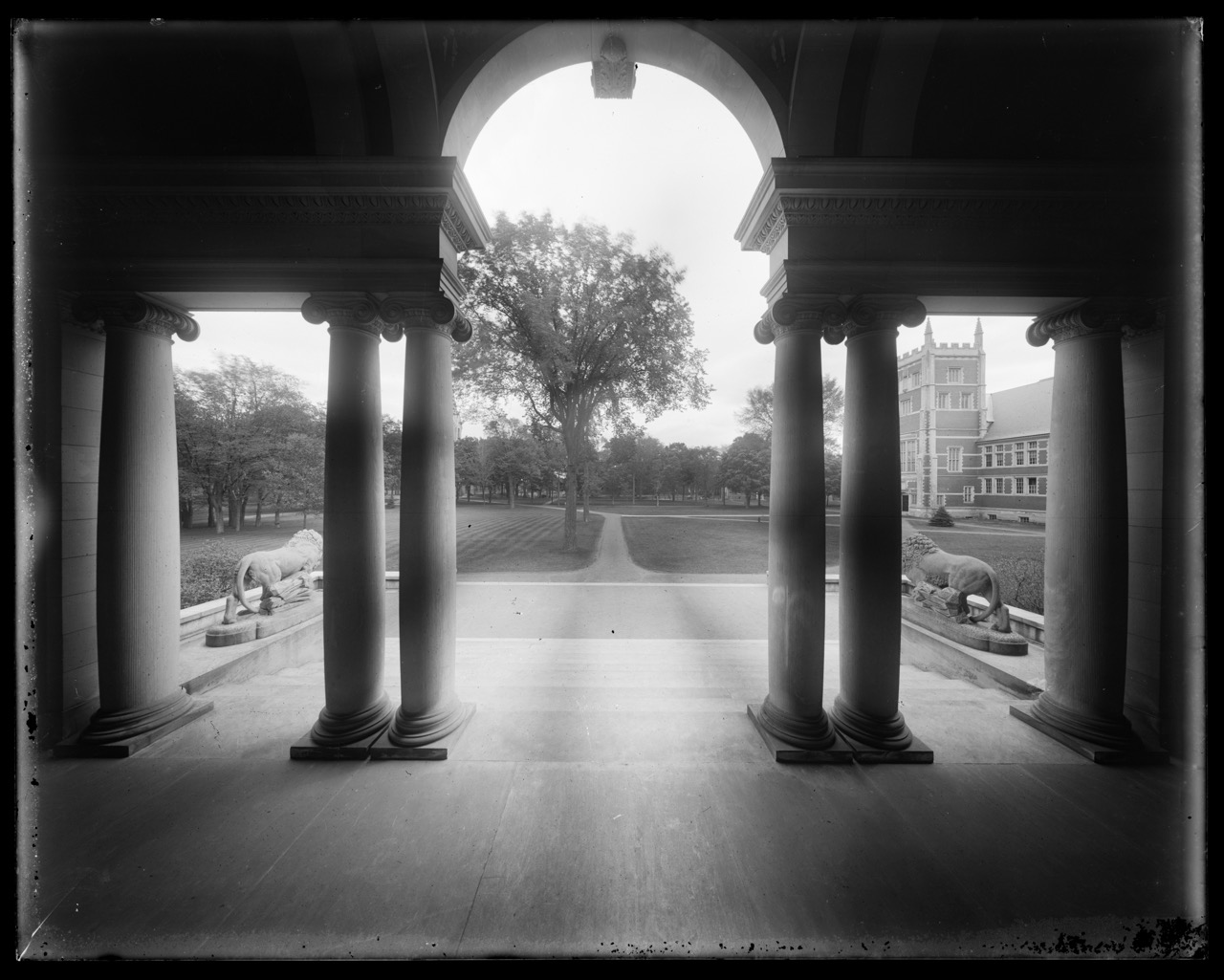 A historical photograph of an art museum building on a college campus