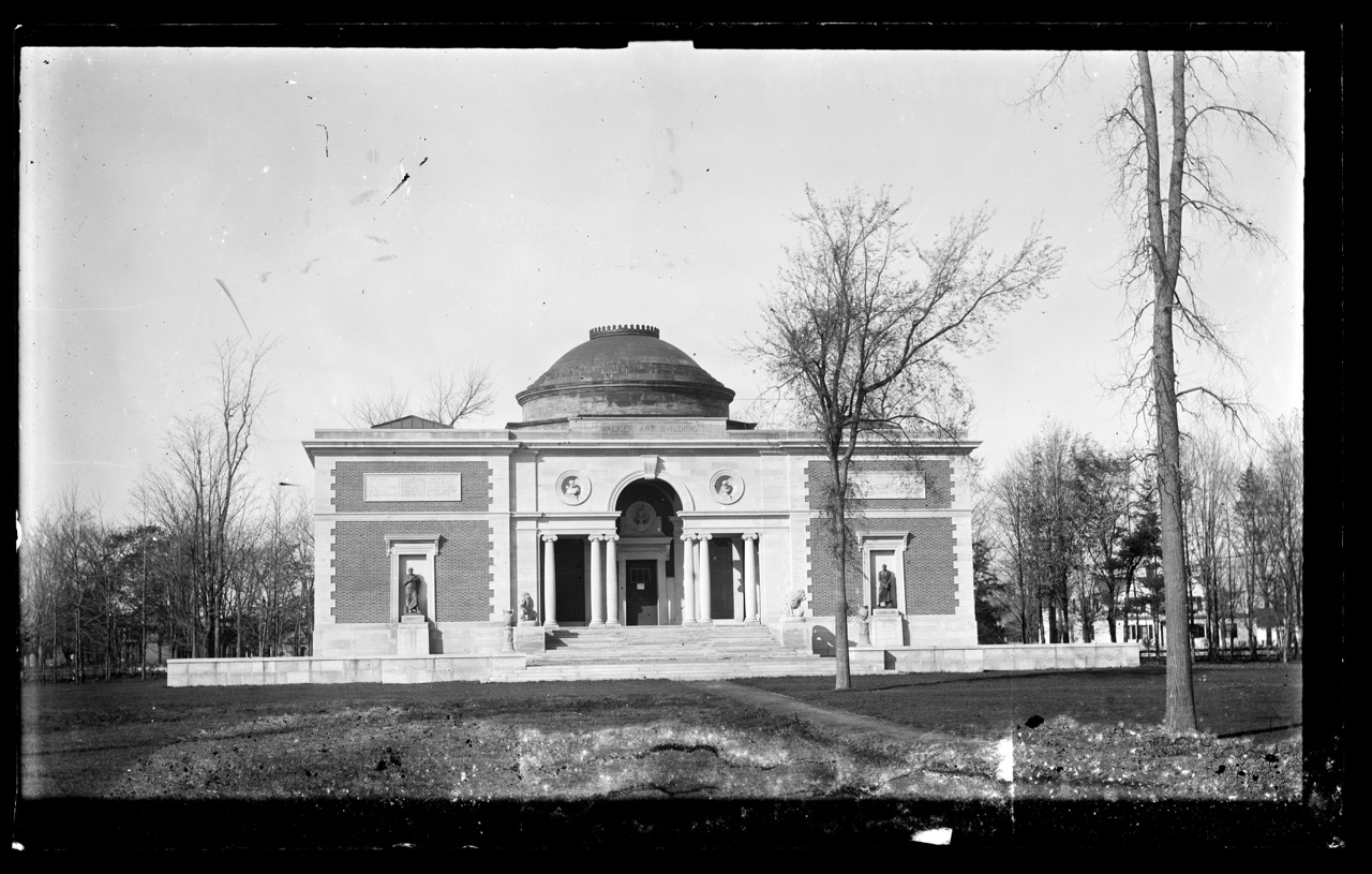 A historical photograph of an art museum building on a college campus
