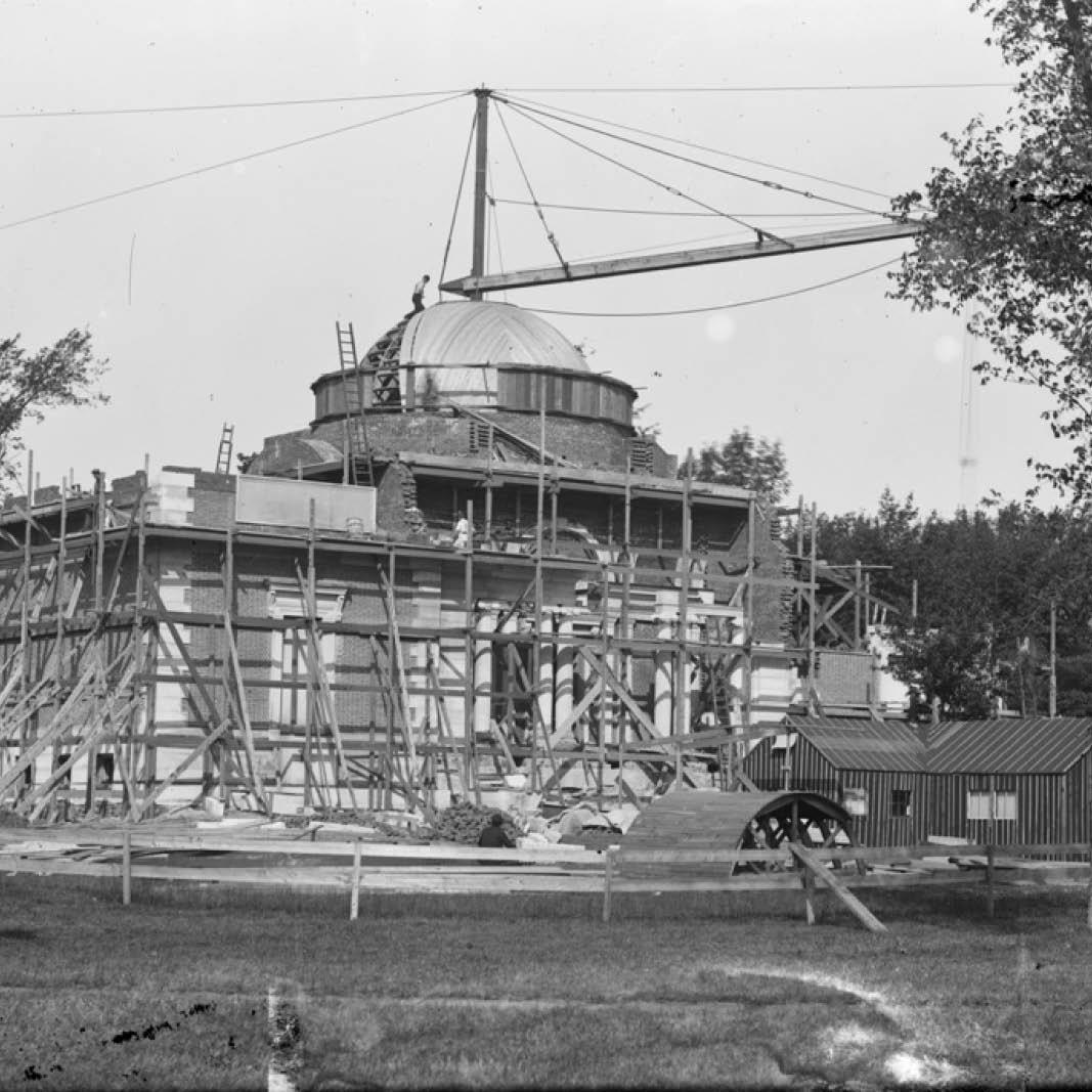 A historical photograph of the view of a campus quad from the vantage point of an art museum building