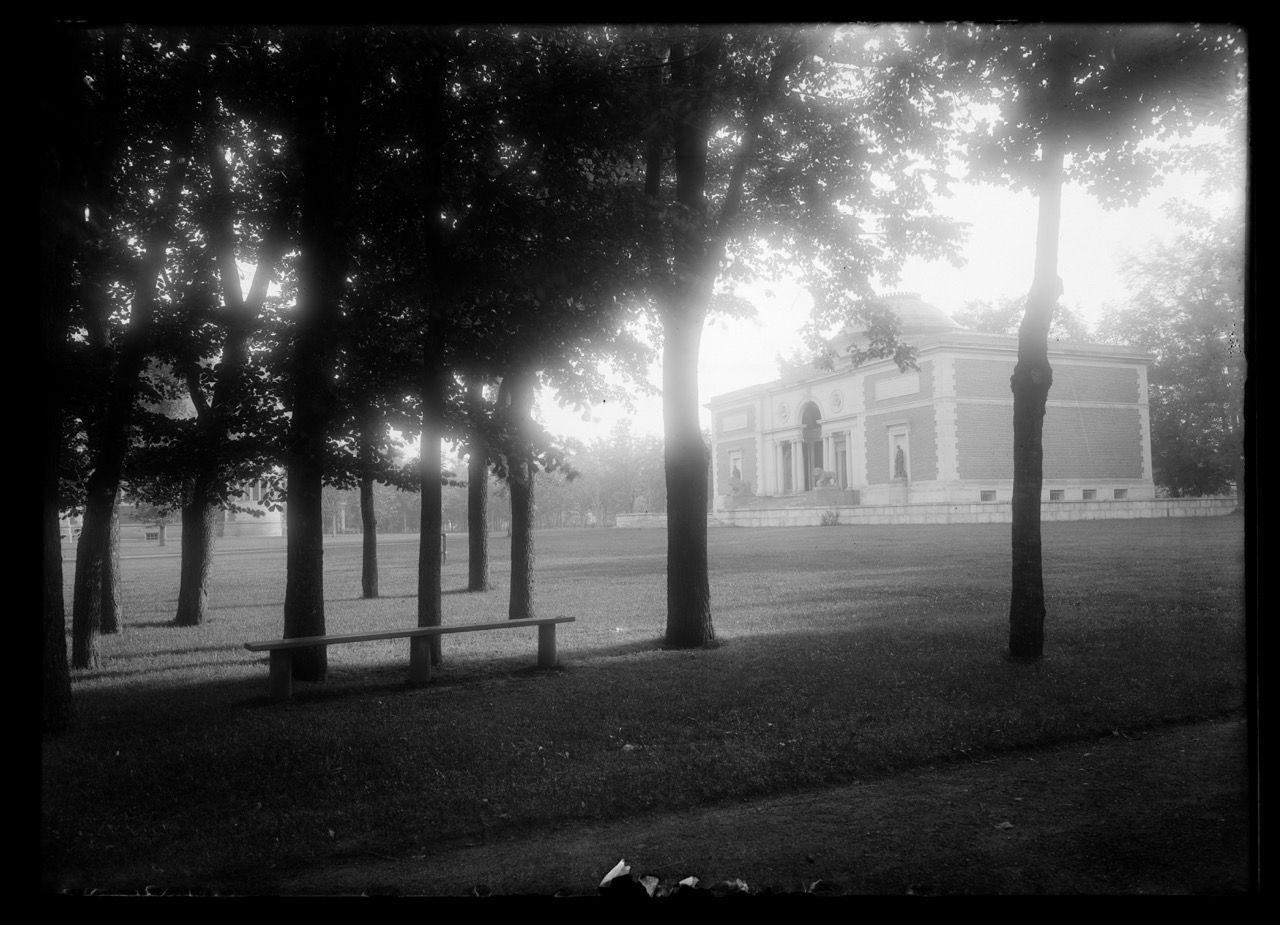 A historical photograph of an art museum building on a college campus
