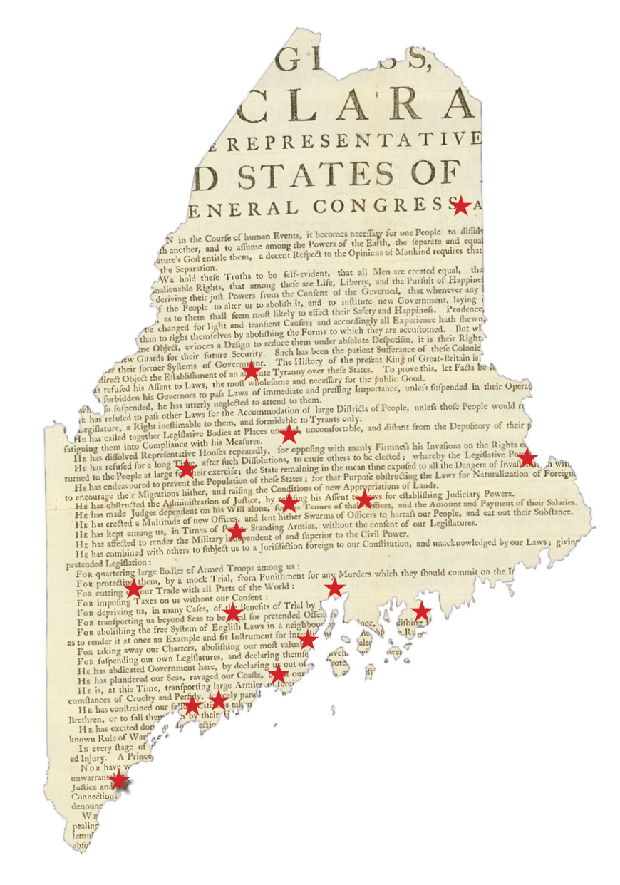 An outline of the state of Maine overlaid with the Declaration of Independence