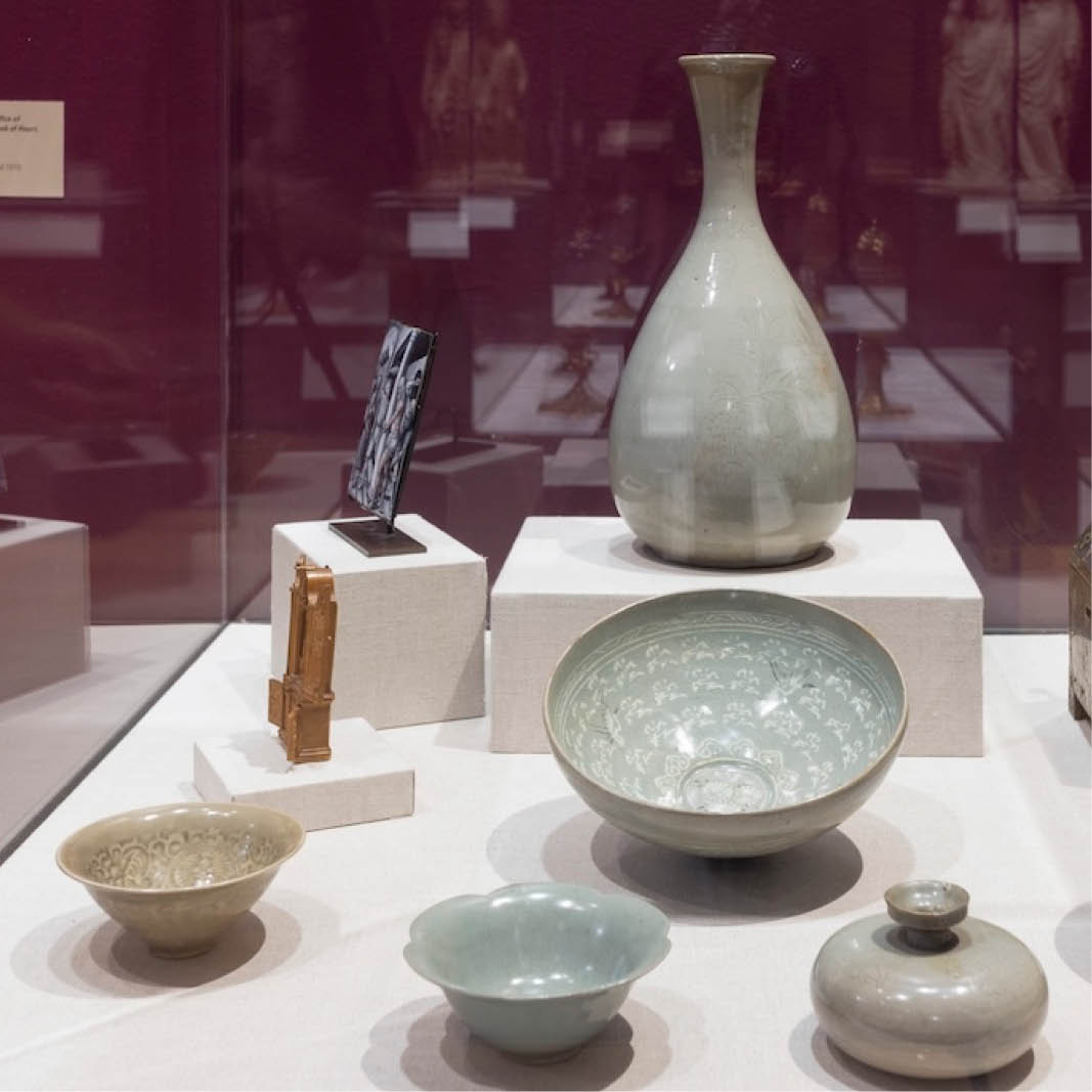 A museum display case with celadon ceramics