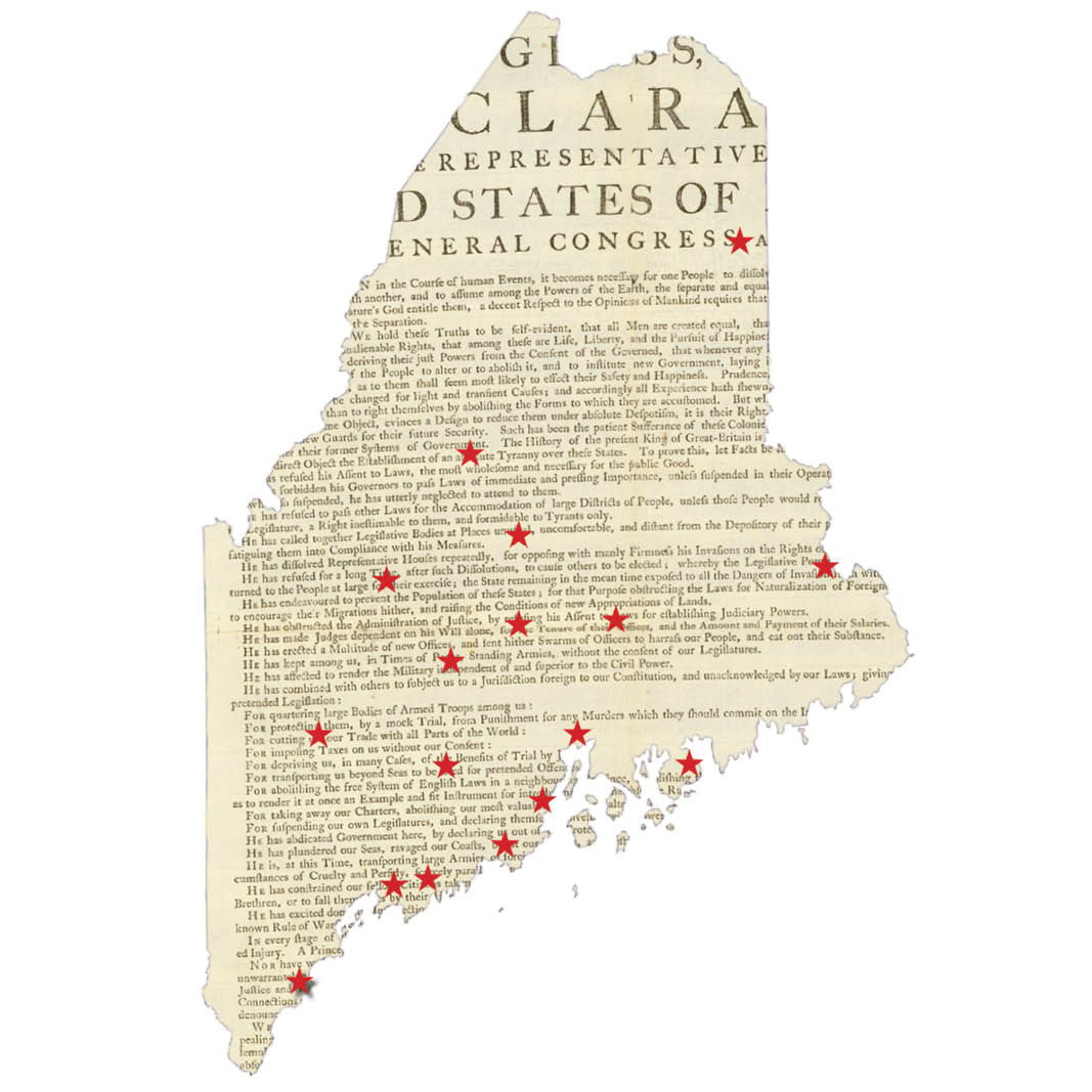 An outline of the state of Maine overlaid with the Declaration of Independence