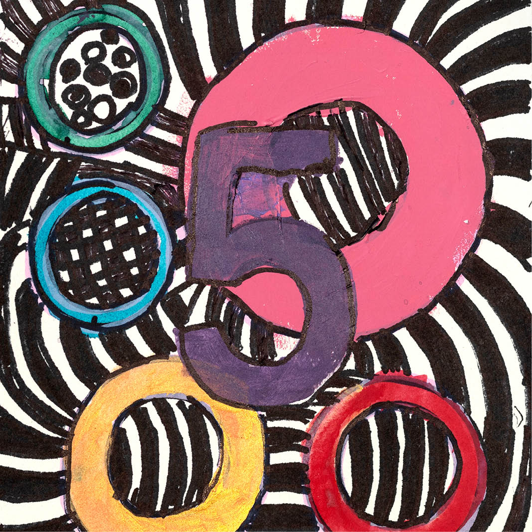 A colorful drawing depicting bold shapes and the number 50