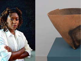 A side by side of an artist headshot and a vessel on a pedestal
