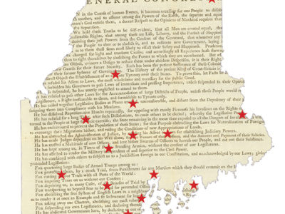 An outline of the state of Maine overlaid with the Declaration of Independence