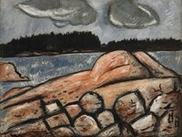 A painting of a rocky coast