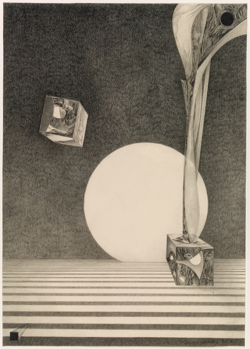 An intricate drawing shows a surreal scene of shapes and forms