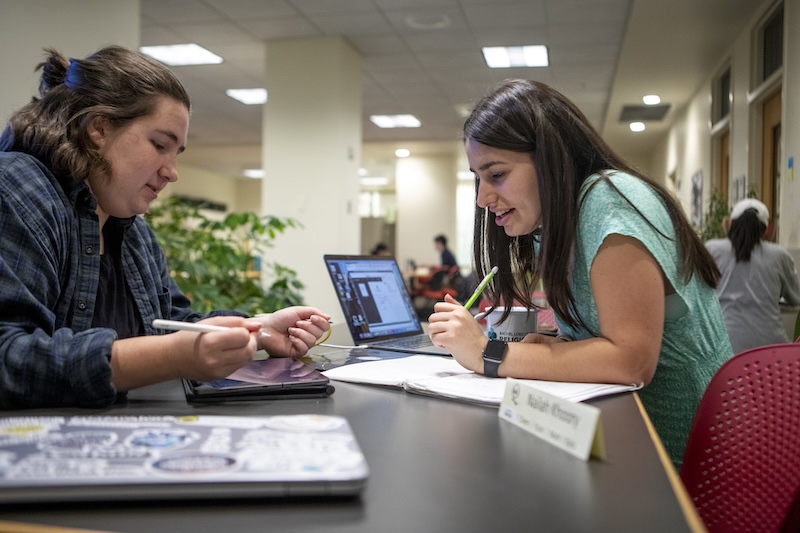 Two students on a table studying