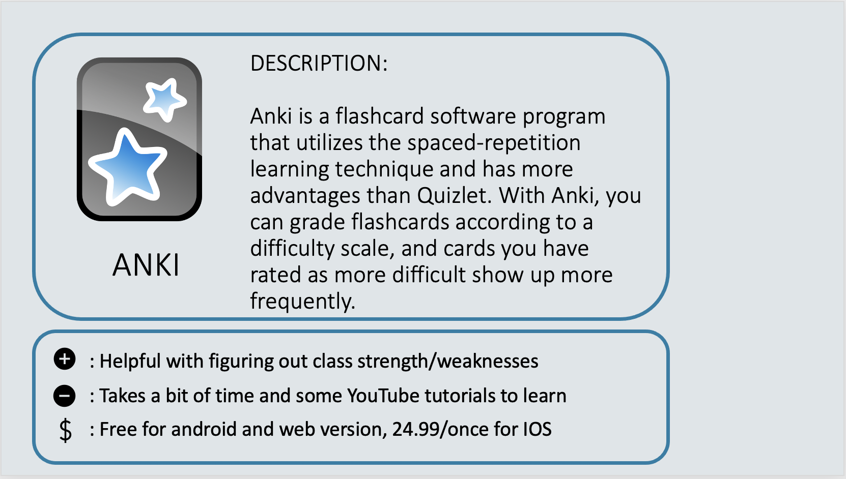 ANKI - Anki is a flashcard software program that utilizes the spaced-repetition learning technique and has more advantages than Quizlet. With Anki, you can grade flashcards according to a difficulty scale, and cards you have rated as more difficult show up more frequently. Positive: Helpful with figuring out class strength/weaknesses. Negative: Takes a bit of time and some YouTube tutorials to learn. Cost: Free for android and web version, 24.99/once for IOS