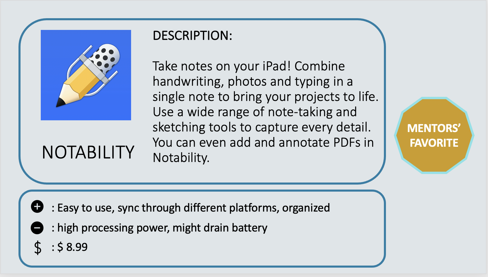 NOTABILITY – MENTOR’S FAVORITE - Take notes on your iPad! Combine handwriting, photos and typing in a single note to bring your projects to life. Use a wide range of note-taking and sketching tools to capture every detail. You can even add and annotate PDFs in Notability. Pluses: Easy to use, sync through different platforms, organized. Negatives: high processing power, might drain battery. Cost: $ 8.99