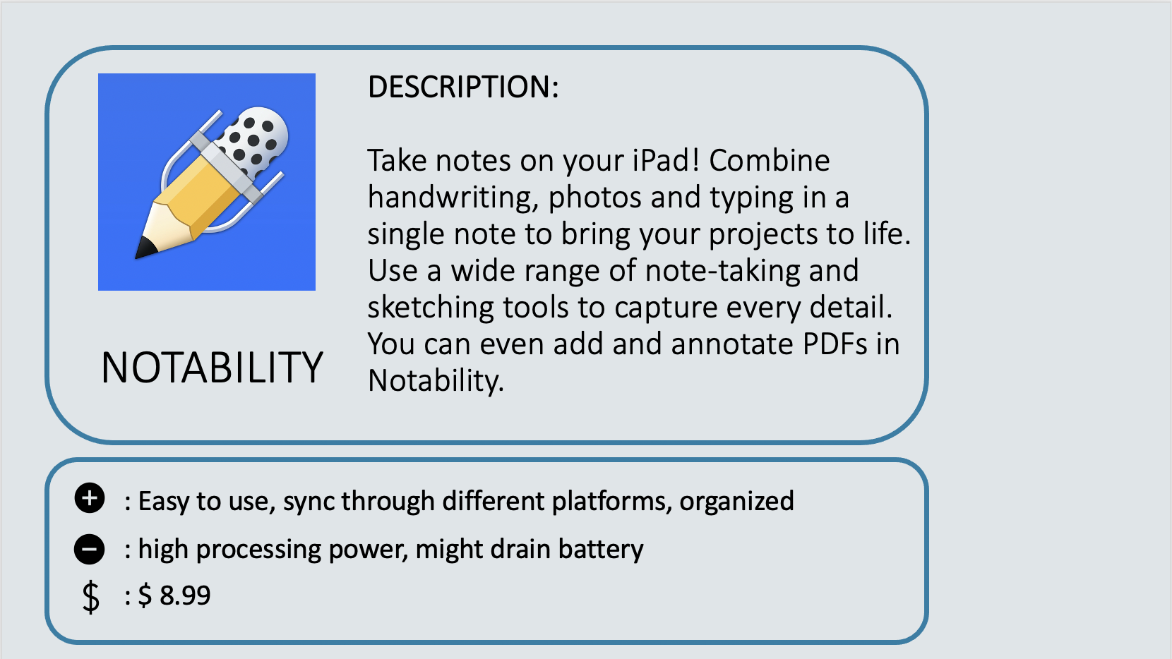 NOTABILITY - Take notes on your iPad! Combine handwriting, photos and typing in a single note to bring your projects to life. Use a wide range of note-taking and sketching tools to capture every detail. You can even add and annotate PDFs in Notability. Positive: Easy to use, sync through different platforms, organized. Negative: High processing power, might drain battery. Cost: $8.99