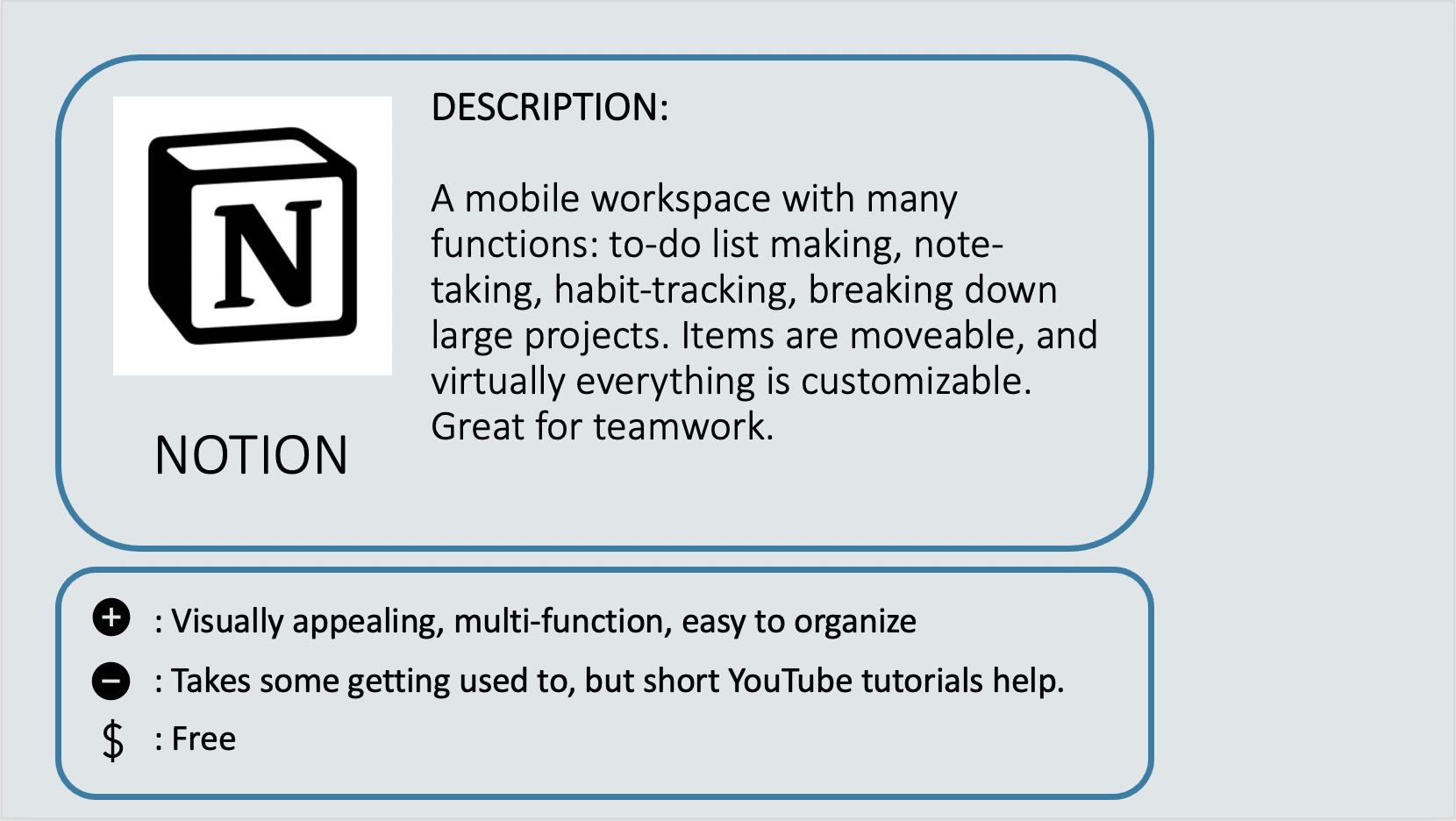 NOTION - A mobile workspace with many functions: to-do list making, note-taking, habit-tracking, breaking down large projects. Items are moveable, and virtually everything is customizable. Great for teamwork. Positive: Visually appealing, multi-function, easy to organize. Negative: Takes some getting used to, but short YouTube tutorials help. Cost: Free.