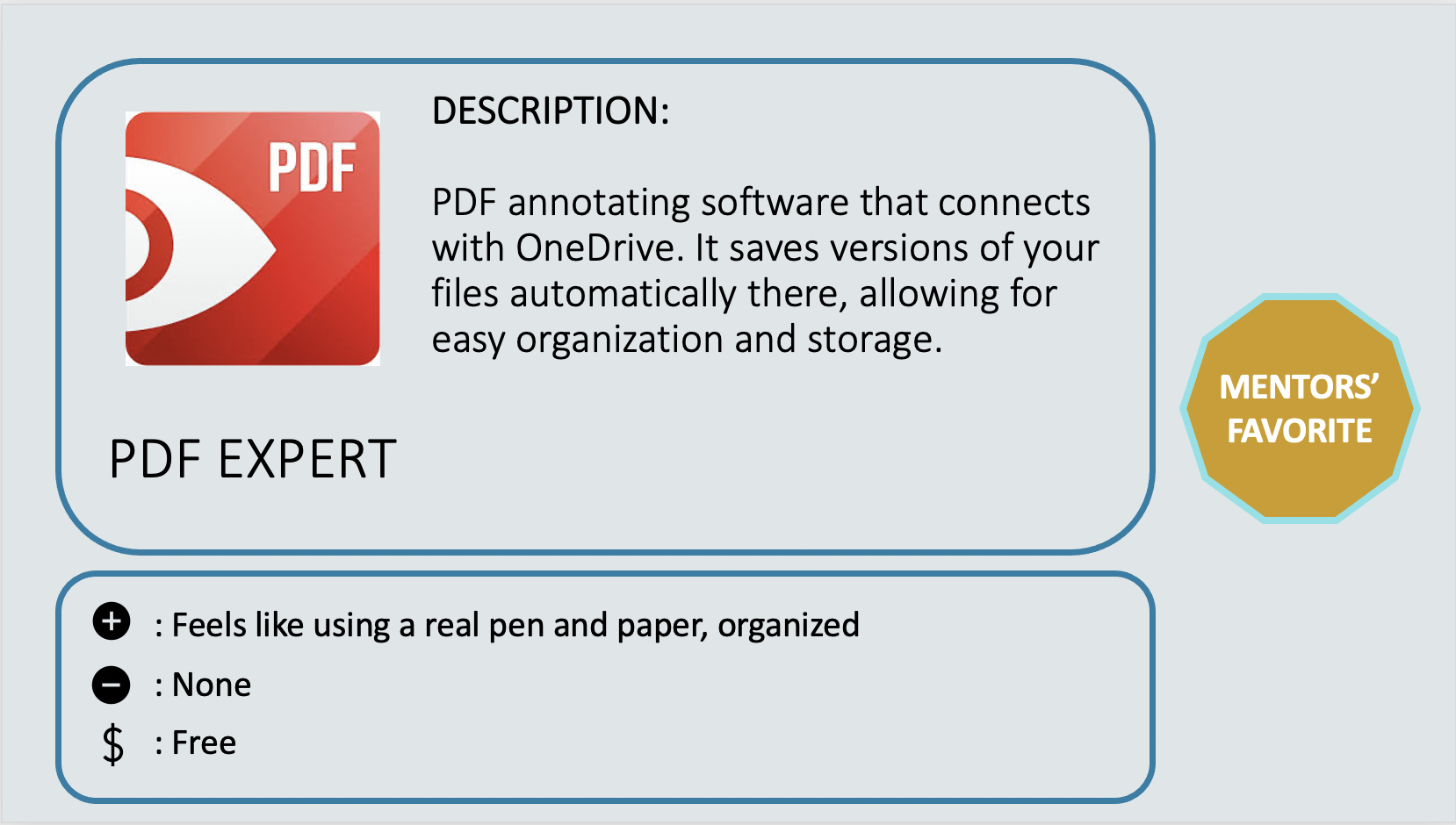 PDF EXPERT - Mentor's Favorite. PDF annotating software that connects with OneDrive. It saves versions of your files automatically there, allowing for easy organization and storage. + Feels like using a real pen and paper, organized. - None. $ - Free