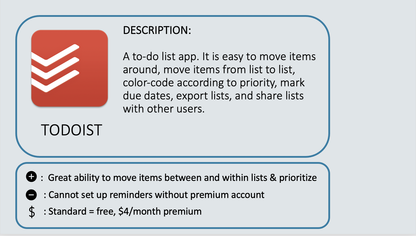 TODOIST - A to-do list app. It is easy to move items around, move items from list to list, color-code according to priority, mark due dates, export lists, and share lists with other users. Positive: Great ability to move items between and within lists & prioritize. Negative: Cannot set up reminders without premium account. Cost: Standard = free, $4 per month Premium