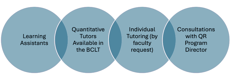 Venn diagram with text that says: learning assistants, quantitative tutors, available in the BCLT-individual tutoring (by faculty request, consultation with QR program director