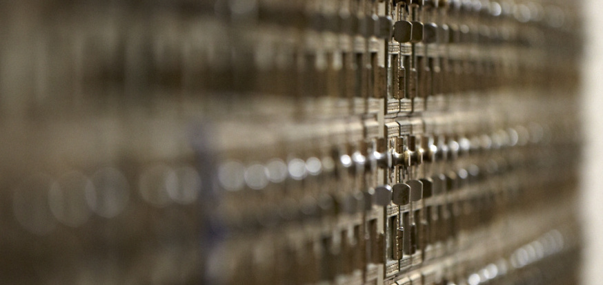 narrow close-up of mailboxes