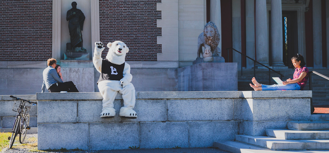 Bowdoin polar bear mascot on the steps of the Museum