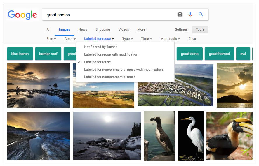 This image shows the google images interface for filtering by "usage rights"