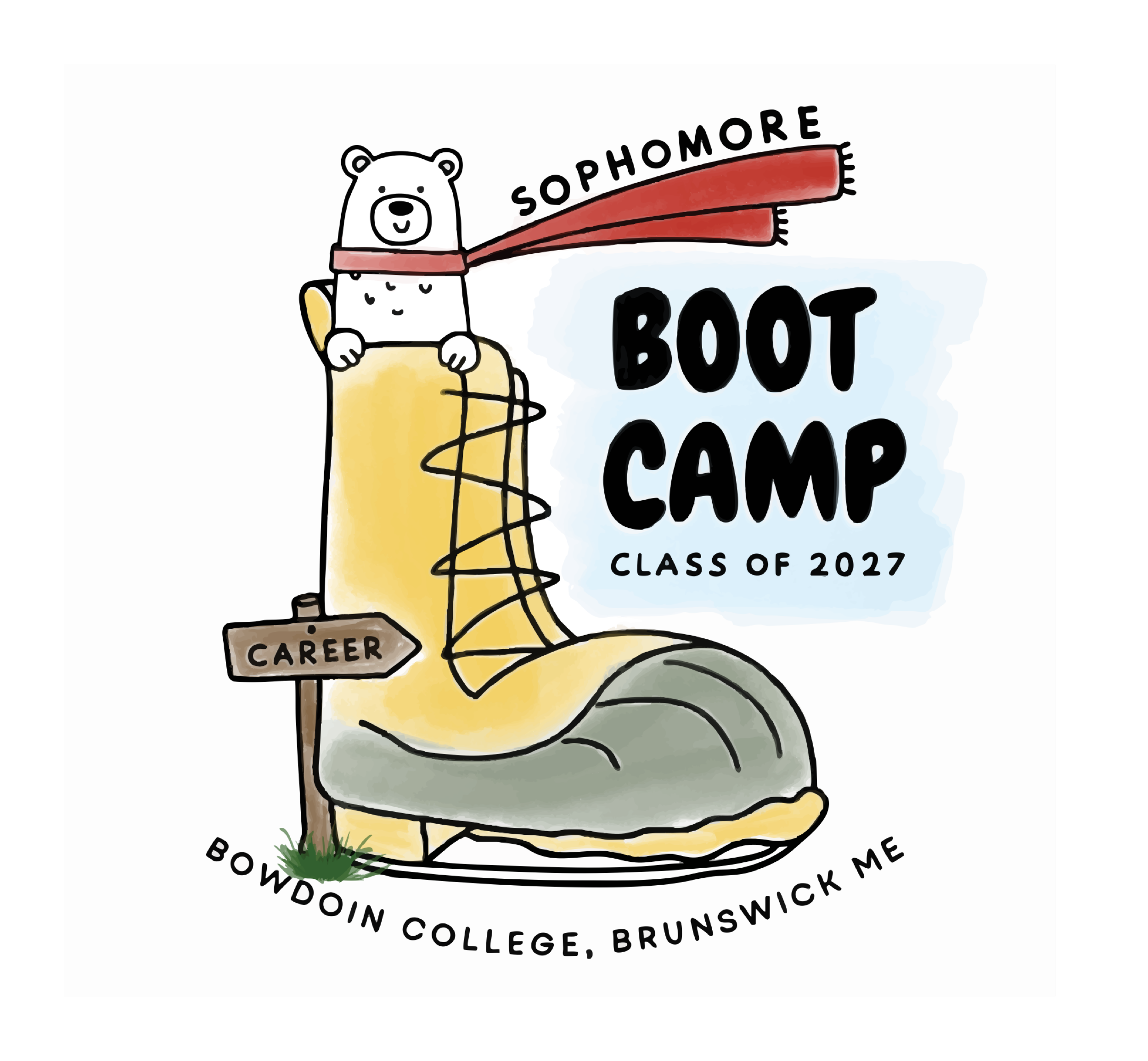polar bear sticking out of a big boot with a red scarf and sign for careers