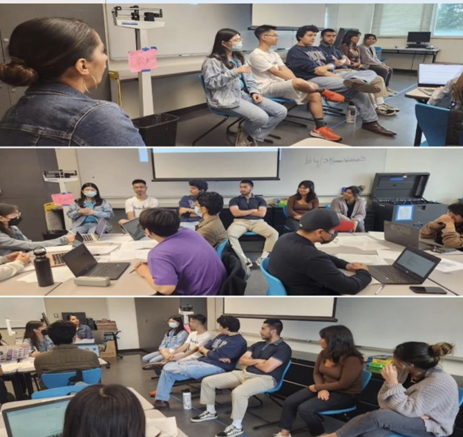 Series of three images depicting Mingjie in business meetings with team.