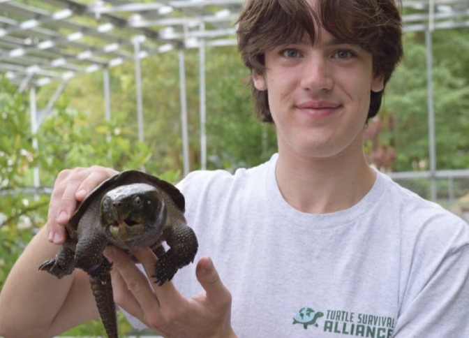 Nicholas holds up a turtle.
