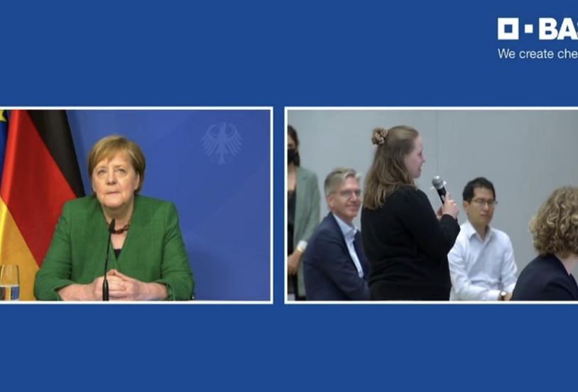Screencap of conference with Germany’s Chancellor Angela Merkel.