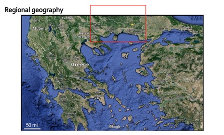Topographic map of Greece with red outlined box showing Rhodope Metamorphic Complex