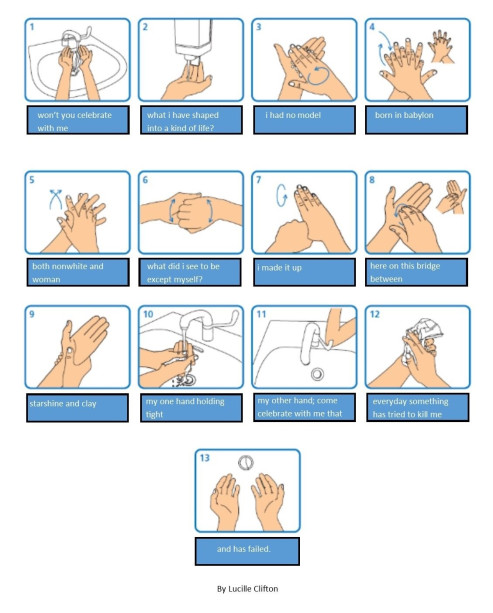 Hand-washing diagram with Lucile Clifton's poem "won't you celebrate with me" 