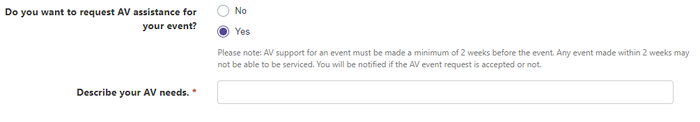 Screenshot of AV booking request page in Campus Groups.