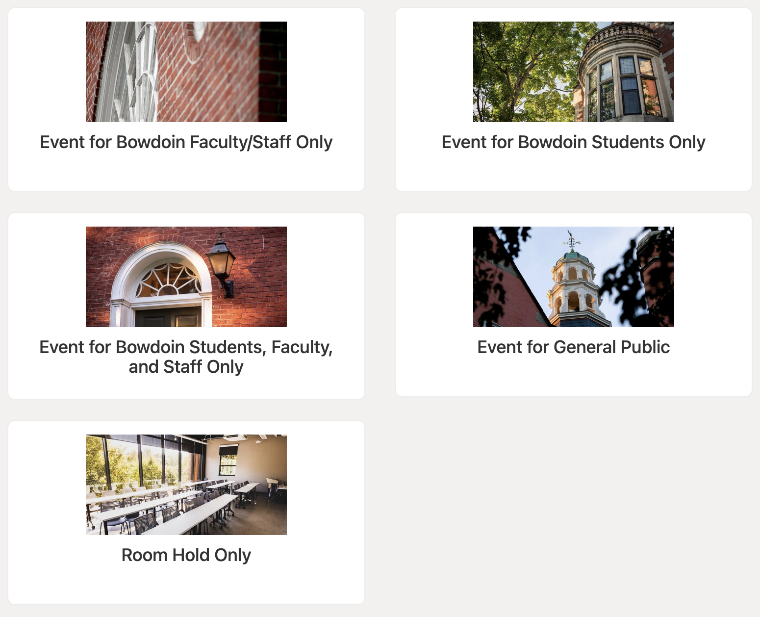 Screenshot of five event template options in CampusGroups