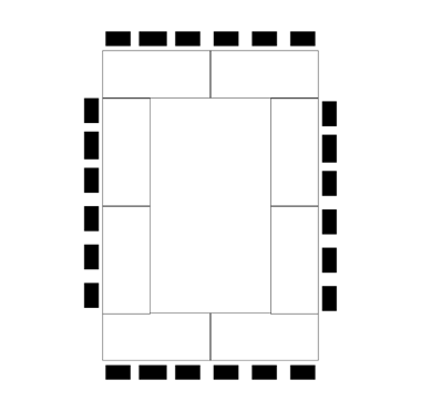 Diagram of rectangular tables arranged in a hollow square with seating around the outside
