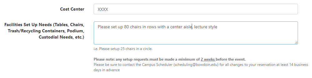 Image of Campus Groups page requesting information on setup needs for a reservation
