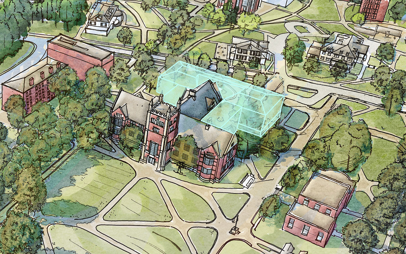A drawing showing a concept for the addition to Hubbard Hall.