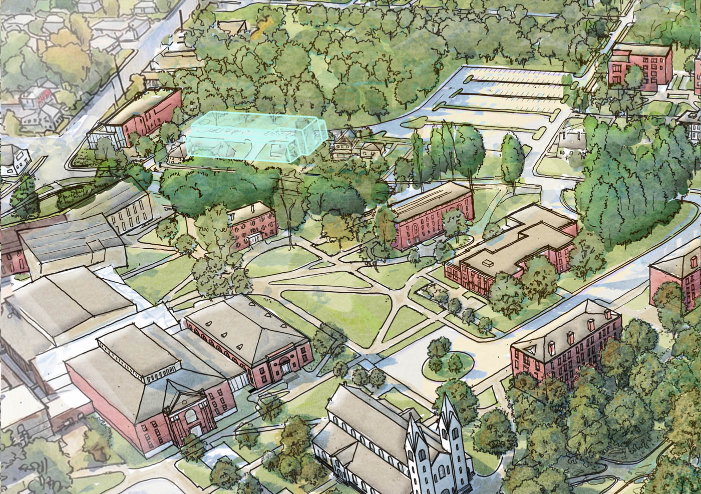 A concept drawing of a new academic building site on College Street.