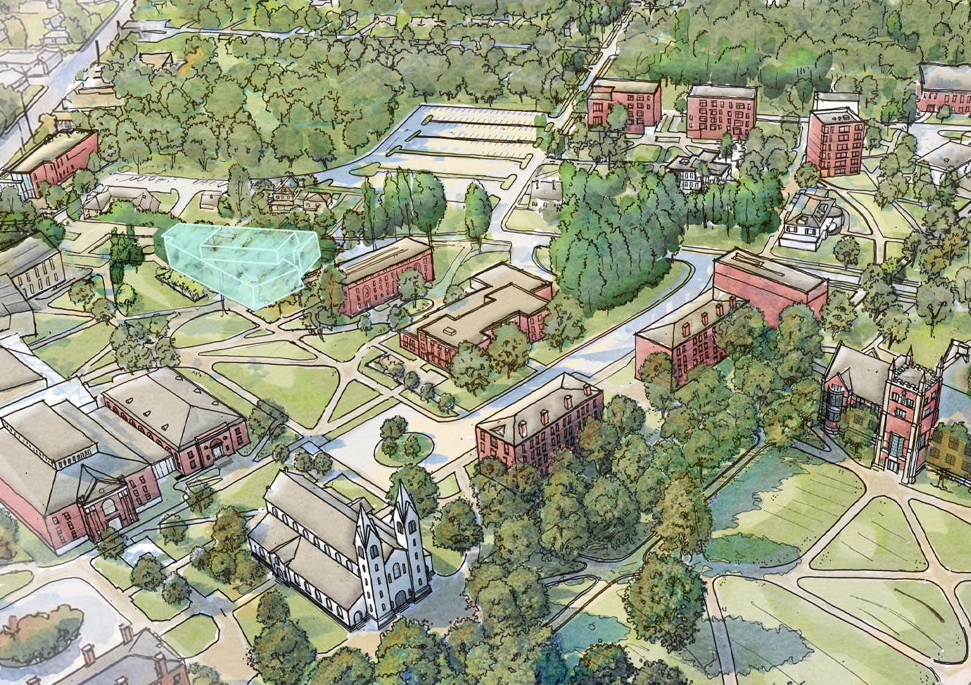 A drawing of the proposed site for a new dining facility behind Moore hall.