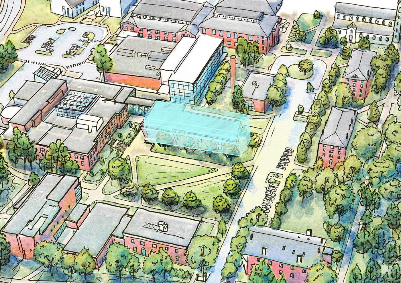 A drawing showing the site of the Hatch Science Library as the location for a new sciences facility.