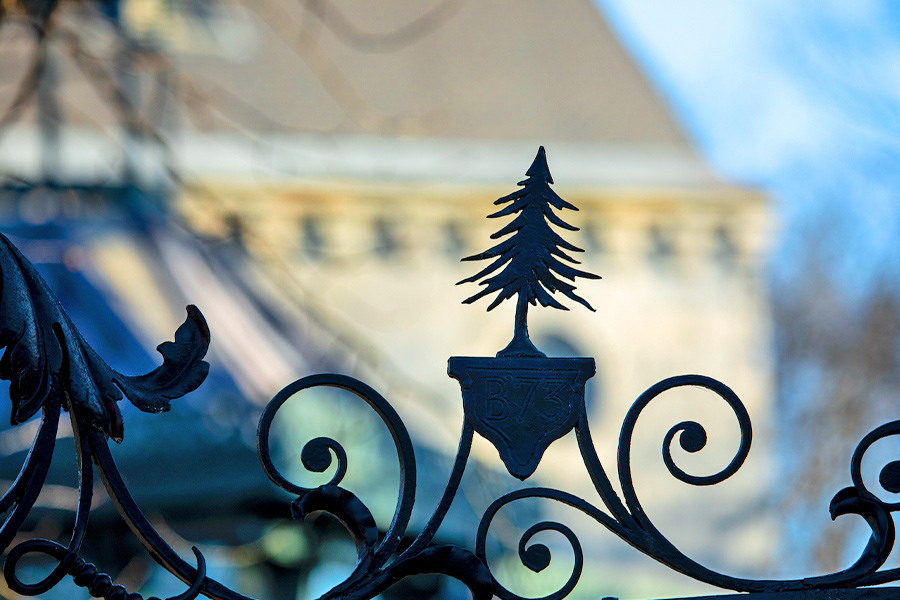 A decorite pine tree gate on the Bowdoin campus
