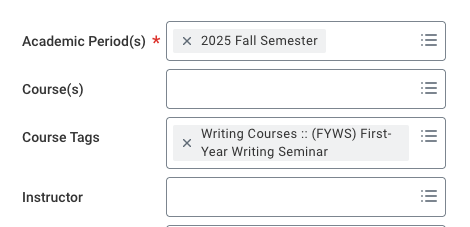 An image showing the Workday filter for First-Year Writing Seminars